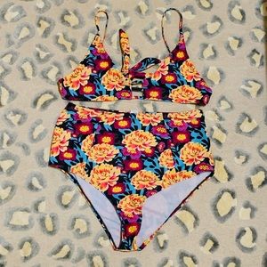 Yellow Rose Floral High Waist Bikini Set